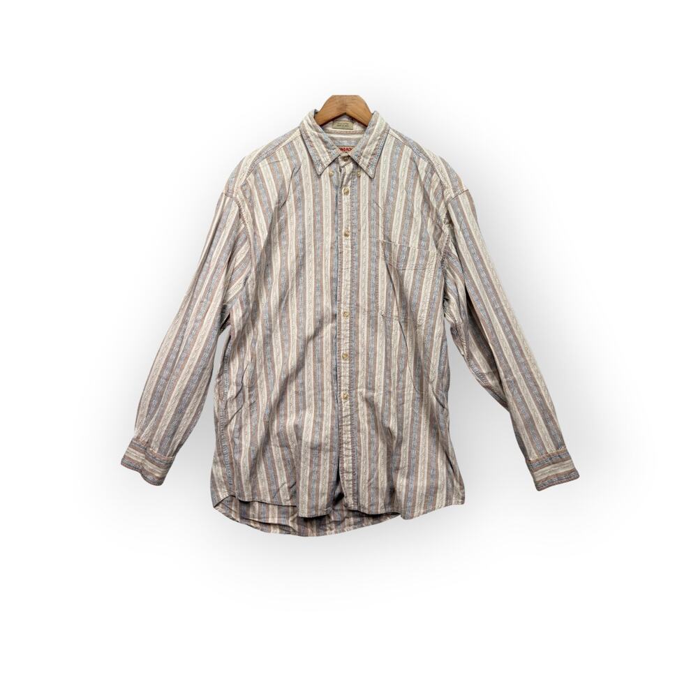 Vintage Adirondack Striped Mountain Twill Button Down Tan Brown Shirt L